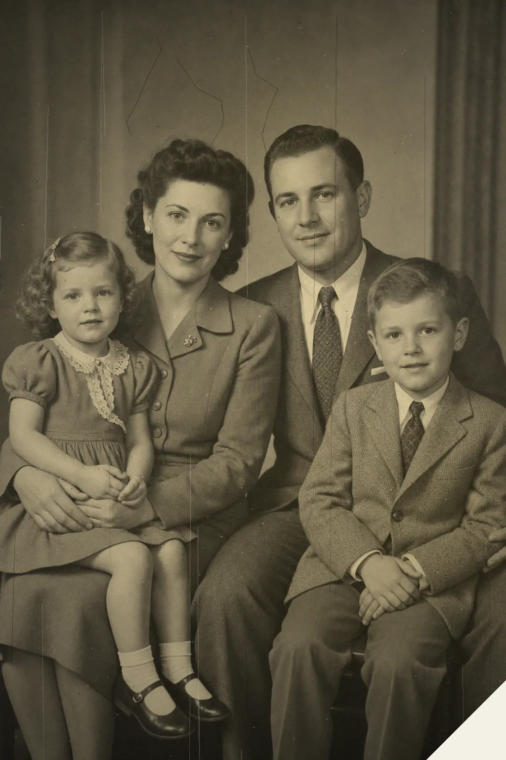 Cracked 1945 family portrait before